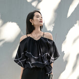 Black Noir Halter Slip Dress for Women, Black Halter Cami Top | TENCELā¢-Wool Blend | Adjustable Crisscross Back, Multi-Textured Blend