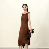 Elegant Brown / Black Asymmetrical Midi Slip Dress with Twisted Straps for Women - Coffee-Colored Acetate Cocktail Gown