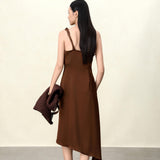 Elegant Brown / Black Asymmetrical Midi Slip Dress with Twisted Straps for Women - Coffee-Colored Acetate Cocktail Gown