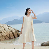 Elegant Ivory Pleated Midi Dress with Vertical Structure - Sophisticated Beige Attire for Women