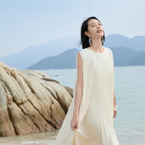 Elegant Ivory Pleated Midi Dress with Vertical Structure - Sophisticated Beige Attire for Women