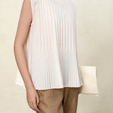 Elegant Beige Pleated Sleeveless Tank Top for Women | Vertical Structured Design | Summer Fashion