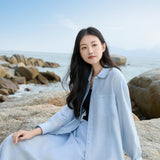 Versatile Sky Blue Acetate Linen Blend Shirt for Women - Oversized Multi-Way Styling