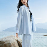 Versatile Sky Blue Acetate Linen Blend Shirt for Women - Oversized Multi-Way Styling