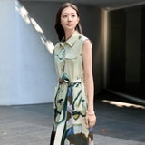 Ink-Dyed Sleeveless Cotton Dress with Abstract Print, Adjustable Waist, and Side Pockets, green dress, pure cotton, abstract print dress