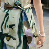 Ink-Dyed Sleeveless Cotton Dress with Abstract Print, Adjustable Waist, and Side Pockets, green dress, pure cotton, abstract print dress