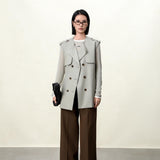Elegant Misty Salt-Grey Sleeveless Trench Vest for Women: Military-Inspired Fashion Statement, military-Inspired jacket women