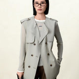 Elegant Misty Salt-Grey Sleeveless Trench Vest for Women: Military-Inspired Fashion Statement, military-Inspired jacket women