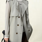 Elegant Misty Salt-Grey Sleeveless Trench Vest for Women: Military-Inspired Fashion Statement, military-Inspired jacket women