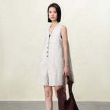 Elegant V-Neck Stonewashed Linen Jumpsuit with Utility Details - A-Line Silhouette for Women | V-Neck Utility Detail