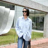 Elegant Blue Tailored Women's Blouse with Cinched Waist | Washed Poly-Cotton Contouring Shirt
