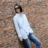 Elegant Blue Tailored Women's Blouse with Cinched Waist | Washed Poly-Cotton Contouring Shirt