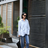 Elegant Blue Tailored Women's Blouse with Cinched Waist | Washed Poly-Cotton Contouring Shirt