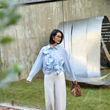 Elegant Blue Twist-Front Blouse with Butterfly Cut | Modal-Blend Anti-Wrinkle Shirt for Women, Blue Twist-Front Blouse, blue shirt women