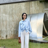 Elegant Blue Twist-Front Blouse with Butterfly Cut | Modal-Blend Anti-Wrinkle Shirt for Women, Blue Twist-Front Blouse, blue shirt women