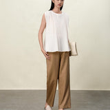 Elegant Beige Pleated Sleeveless Tank Top for Women | Vertical Structured Design | Summer Fashion