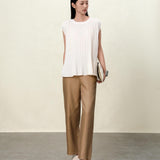 Elegant Beige Pleated Sleeveless Tank Top for Women | Vertical Structured Design | Summer Fashion