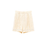Sunny Yellow Striped Linen Wrap Shirt & Shorts Set: Crinkle-Textured Summer Beachwear Ensemble