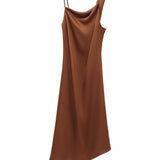 Elegant Brown / Black Asymmetrical Midi Slip Dress with Twisted Straps for Women - Coffee-Colored Acetate Cocktail Gown
