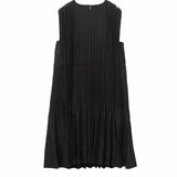 Elegant Ivory Pleated Midi Dress with Vertical Structure - Sophisticated Beige Attire for Women