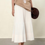 Elegant Beige Pleated Midi Skirt for Women - Vertical Structured Design with Ivory Option