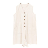 Elegant V-Neck Stonewashed Linen Jumpsuit with Utility Details - A-Line Silhouette for Women | V-Neck Utility Detail