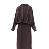 Elegant Dark Brown / Yellow Button-Up Wrap Dress for Women - Cocoa Cotton-Blend Stretch Fabric, cocoa dress women, brown button dress