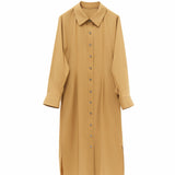 Elegant Dark Brown / Yellow Button-Up Wrap Dress for Women - Cocoa Cotton-Blend Stretch Fabric, cocoa dress women, brown button dress