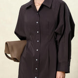 Elegant Dark Brown / Yellow Button-Up Wrap Dress for Women - Cocoa Cotton-Blend Stretch Fabric, cocoa dress women, brown button dress