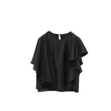 Elegant Black Draped Bell Sleeve Blouse & Skirt Set | Eco-Conscious Lyocell Fabric | Relaxed Round Neck