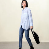 Elegant Blue Tailored Women's Blouse with Cinched Waist | Washed Poly-Cotton Contouring Shirt
