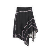 Elegant Black Asymmetrical Midi Skirt with White Stripe Detail | Tencel-Silk Blend & Cotton Lining