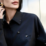 Black Beaded Oversized Cotton Shirt | Crinkle-Texture Design | Black Drop Shoulder Blouse