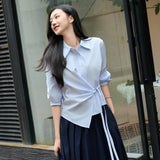 Elegant Lake Blue & Sand Beige Asymmetric Wrap Blouse | Crinkle-Resistant Poly-Cotton Blend