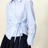Elegant Lake Blue & Sand Beige Asymmetric Wrap Blouse | Crinkle-Resistant Poly-Cotton Blend