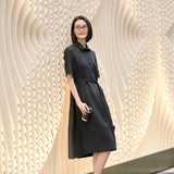 Chic Black Irregular Stripe Dress | Crinkle-Texture Design | Women's Poly-Cotton Blend Casual Wear