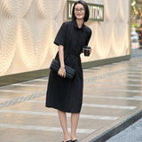 Chic Black Irregular Stripe Dress | Crinkle-Texture Design | Women's Poly-Cotton Blend Casual Wear