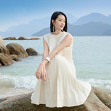 Elegant Beige & Black Vertical Pleated Dress - Sculpted Silhouette with Poly-Cotton Blend Lining