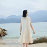 Elegant Beige & Black Vertical Pleated Dress - Sculpted Silhouette with Poly-Cotton Blend Lining
