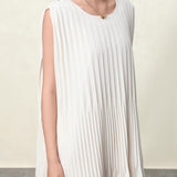 Elegant Beige & Black Vertical Pleated Dress - Sculpted Silhouette with Poly-Cotton Blend Lining