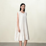 Elegant Beige & Black Vertical Pleated Dress - Sculpted Silhouette with Poly-Cotton Blend Lining