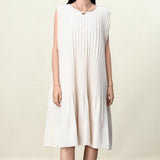 Elegant Beige & Black Vertical Pleated Dress - Sculpted Silhouette with Poly-Cotton Blend Lining