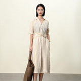 Yellow Buttercream Linen Stripe Dress for Women | Cross-Wrap Waist Detail | 100% Breathable Linen with Cotton Lining