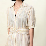 Yellow Buttercream Linen Stripe Dress for Women | Cross-Wrap Waist Detail | 100% Breathable Linen with Cotton Lining