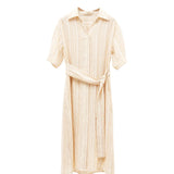 Yellow Buttercream Linen Stripe Dress for Women | Cross-Wrap Waist Detail | 100% Breathable Linen with Cotton Lining