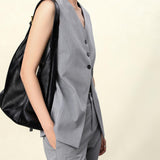 Gray Sleeveless Vest Women | Recycled Textured Blend | Adjustable Waist & Organdy Back Panel