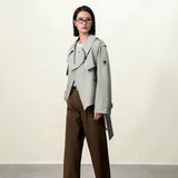 Water-Repellent Military-Inspired Double Breasted Sage Gray Trench Coat for Women | Cotton-Hemp Blend