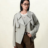 Water-Repellent Military-Inspired Double Breasted Sage Gray Trench Coat for Women | Cotton-Hemp Blend