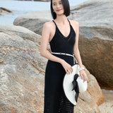 Elegant Black Sheer Linen-Blend Summer Slip Dress | Semi-Transparent Lightweight Beach Cover-Up