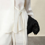 Elegant Beige Tencel-Linen V-Neck Vacation Blouse with Asymmetric Waist Tie - Fluid Silky Texture for Women